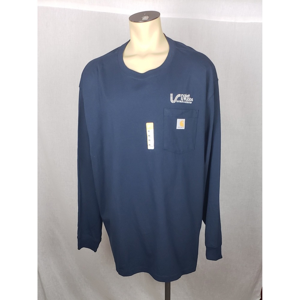 Carhartt Mens 3XL Navy Blue Loose Fit Long Sleeve Pocket T-Shirt Logo Work